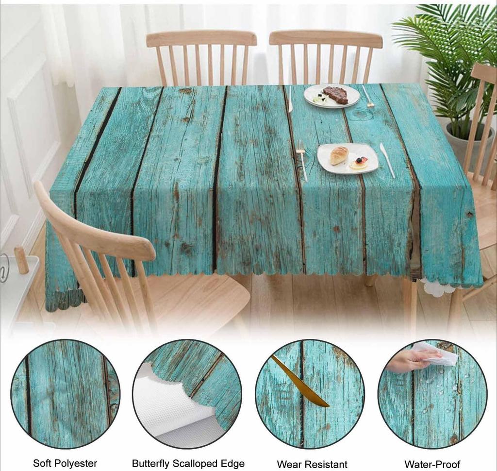 Față de masă dreptunghiulară vintage turcoaz cu aspect de lemn, impermeabilă, decor pentru masă, decor de fermă pentru bucătărie, față de masă pentru masă de dining, decor pentru petrecere