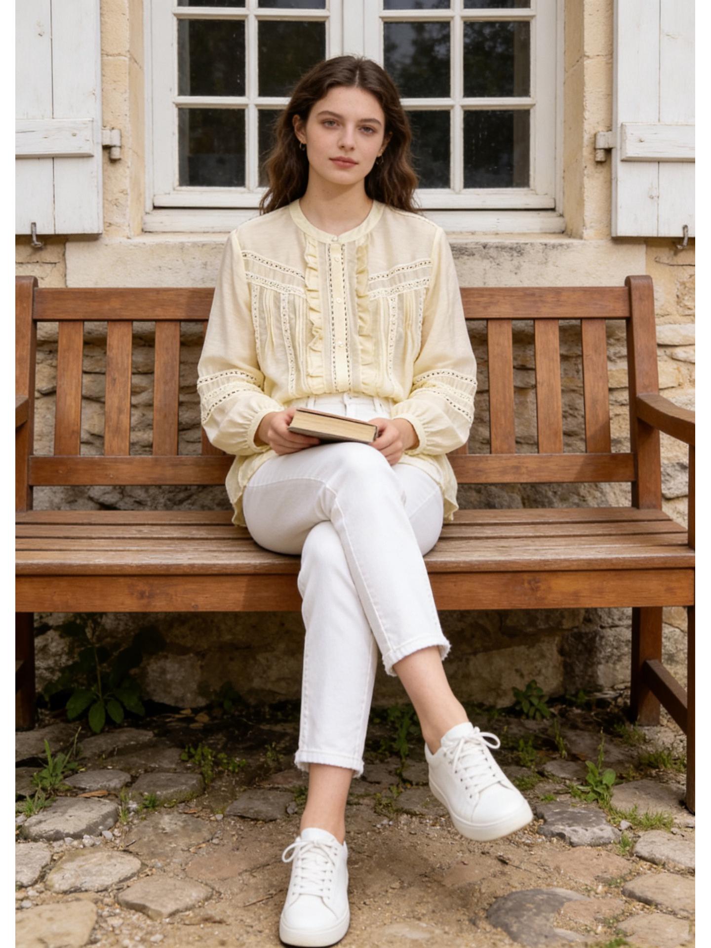 Nanyou Women s 2026 Vintage Lace Embroidered Pleated Top Small жёлтый