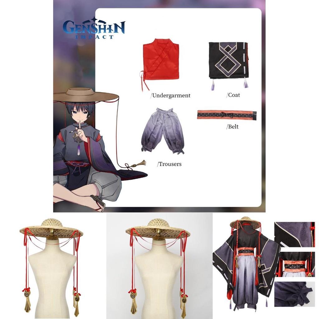 Original Genshin Impact Black Main Cosplay Costume Set Polyester Fabric Game Theme Characters)