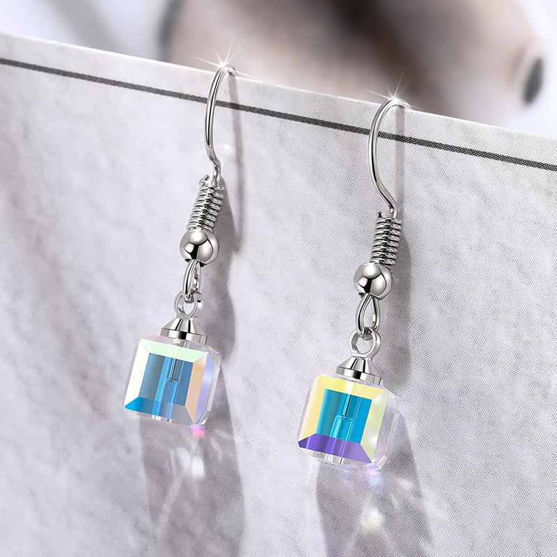 Iridescent AB Aurora Borealis Square Faceted Crystal Charm Drop Earrings Silver Wire Hook Dainty Casual Ladies Accessories