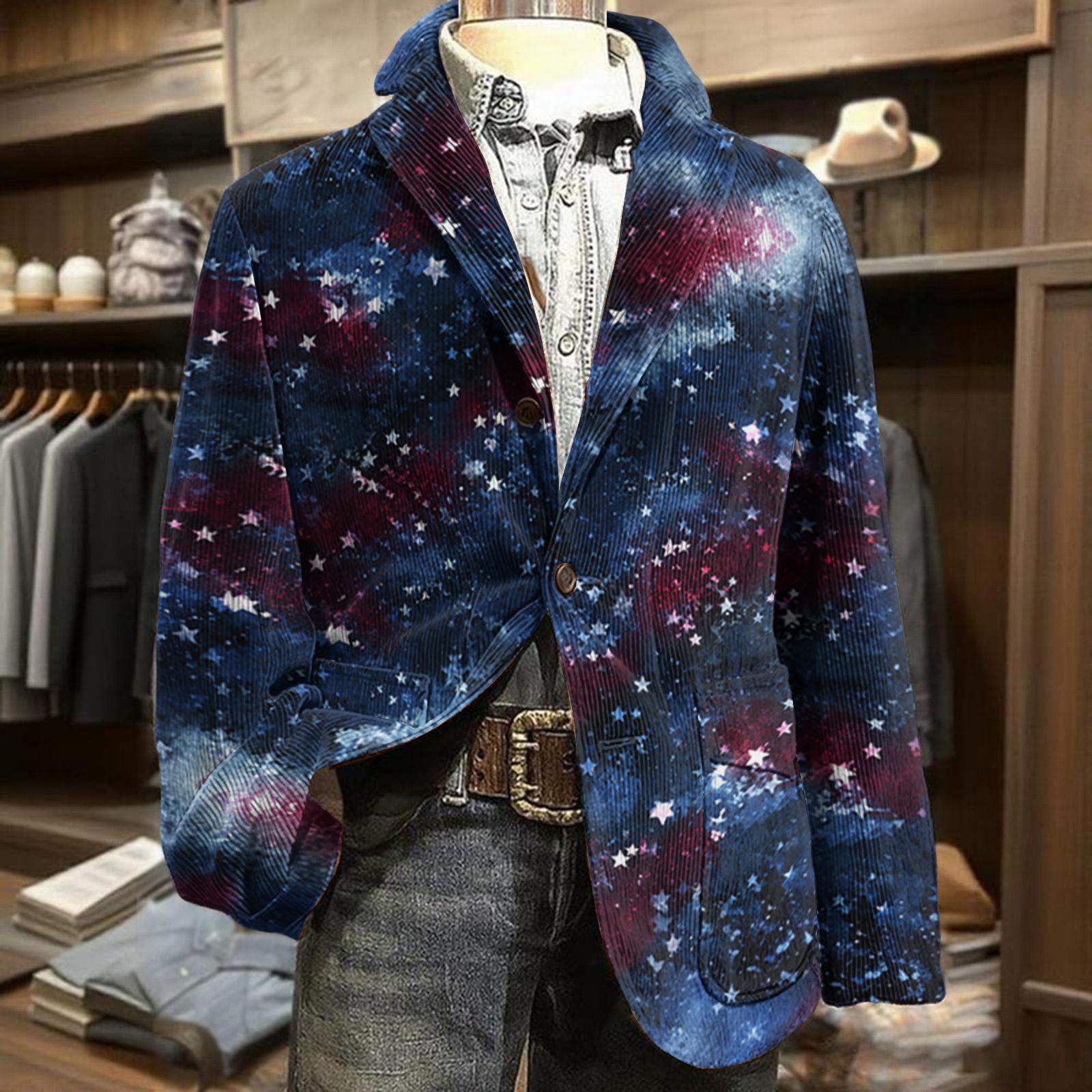 

Men Corduroy Blazer Business Casual Suit Jacket with Star Stripe Print Notched Lapel Single Breasted Two Button Design L синий