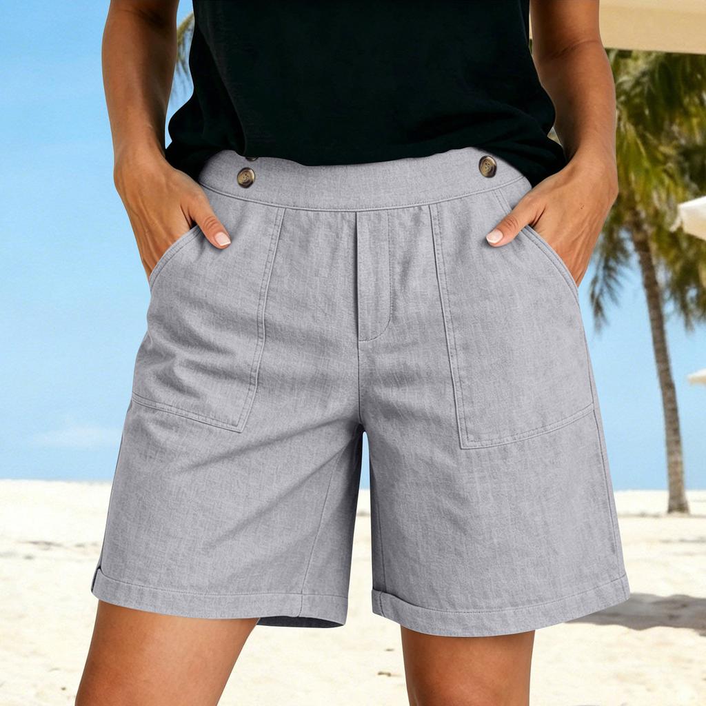 Weiche Shorts aus Baumwollleinen für Damen, Taschen, weicher Knopfverschluss, kein Reißverschluss, schmale Passform