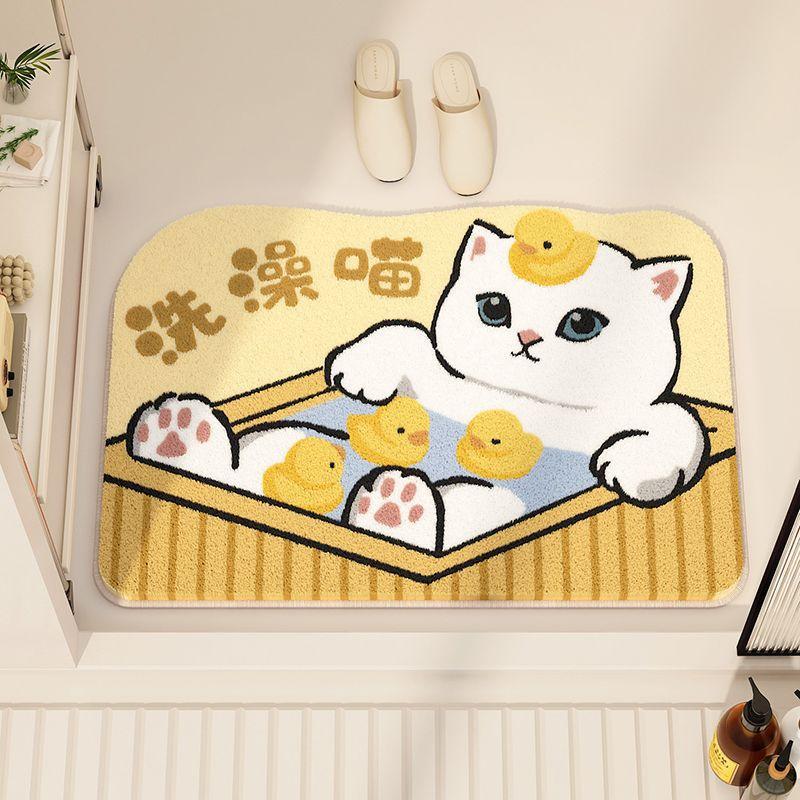 Cute Cat Imitation Cashmere Bathroom Mat Non-slip Bathroom Door Carpet Plush Absorbent Cartoon Foot Mat