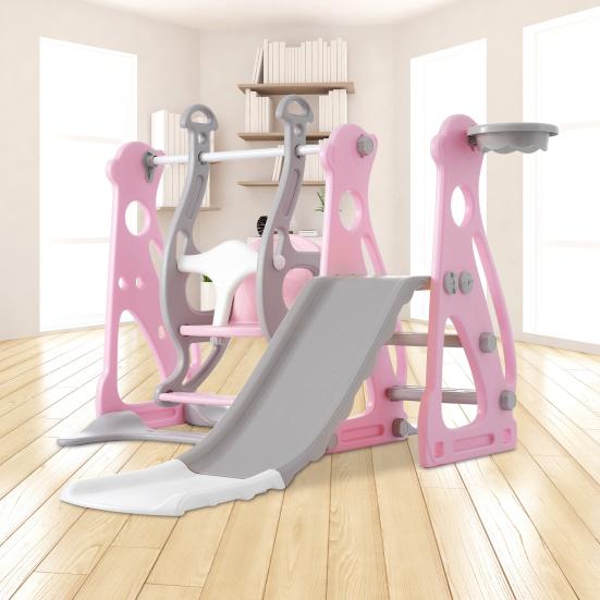 Kids Slide Swing Set, 4 In1 Baby Mini Playground, Freestanding Baby Playground with Non-Slip Ladder, Slide, Swing, Basketball Hoop Set