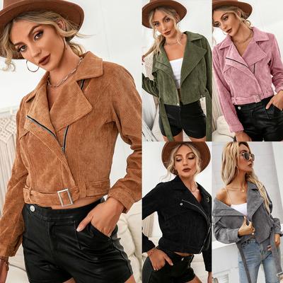 Jaqueta Curta Casual da Moda Feminina Europa e América Gola Manga Longa Zíper com Cinto Corduroy Liso Macio Confortável Casaco Quente