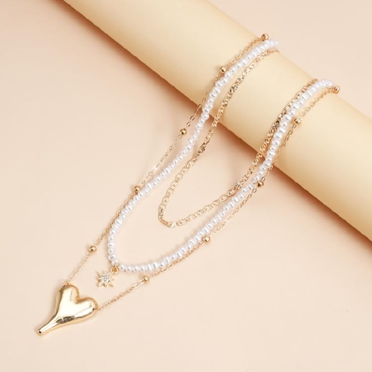 Artistic Irregular Heart Star Imitation Pearls Alloy Necklace Multi Layer Neckchain For Unique Fashion Accessories