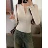 Damen Sexy V-Ausschnitt Knopf Langarm Schlankes T-Shirt
