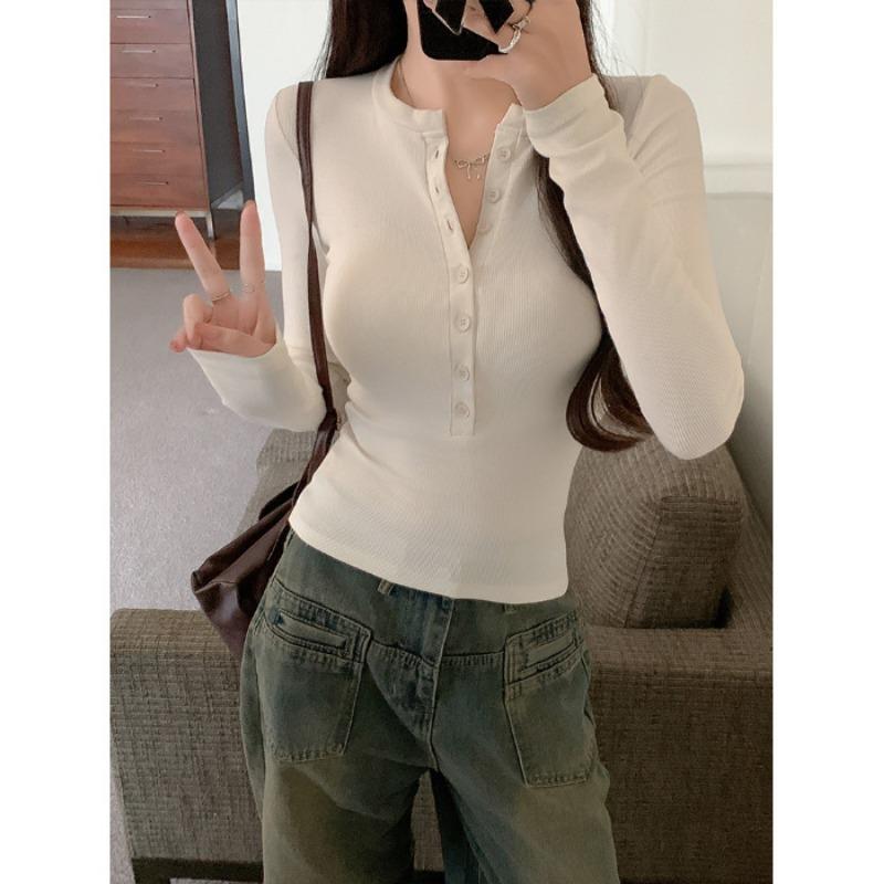 Damen Sexy V-Ausschnitt Knopf Langarm Schlankes T-Shirt
