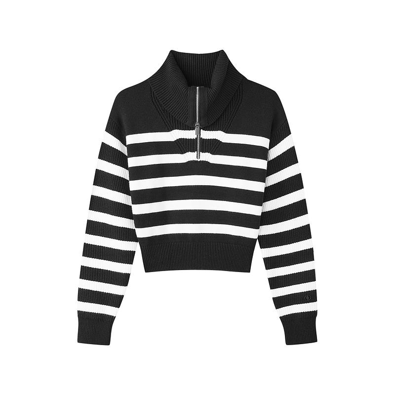 Skechers Yazan Series Striped Fashion Polo Neck Long Sleeve Knit Top Women tops Coconut-White Carbon-Black L324W113-0553 S