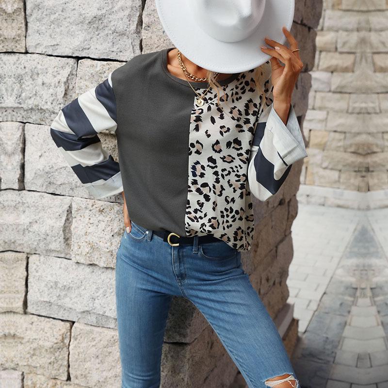 Autumn Women Fashion Leopard Print Patchwork T-shirt Loose Knitted Top