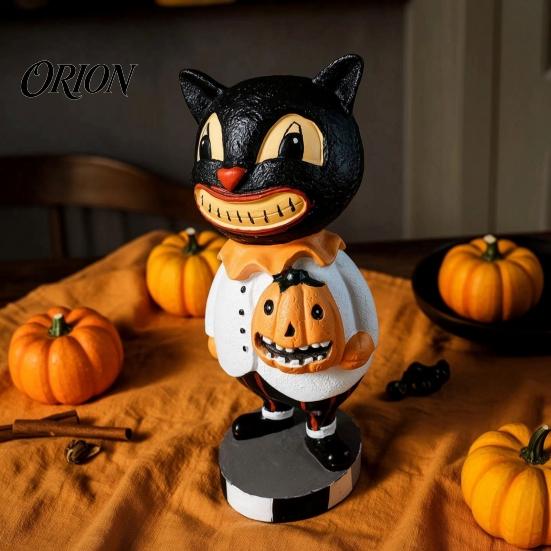 Funny Grinning Cat Statue Black Figurines, Vintage Halloween Ornament with Pumpkin, Small Stable Resin Sculpture Retro Table Decoration for