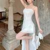 Sexy Spaghetti Strap Ruffle Irregular Bodycon Party Club Evening Dress Women Mesh Suspender Spring Summer Holiday Beach