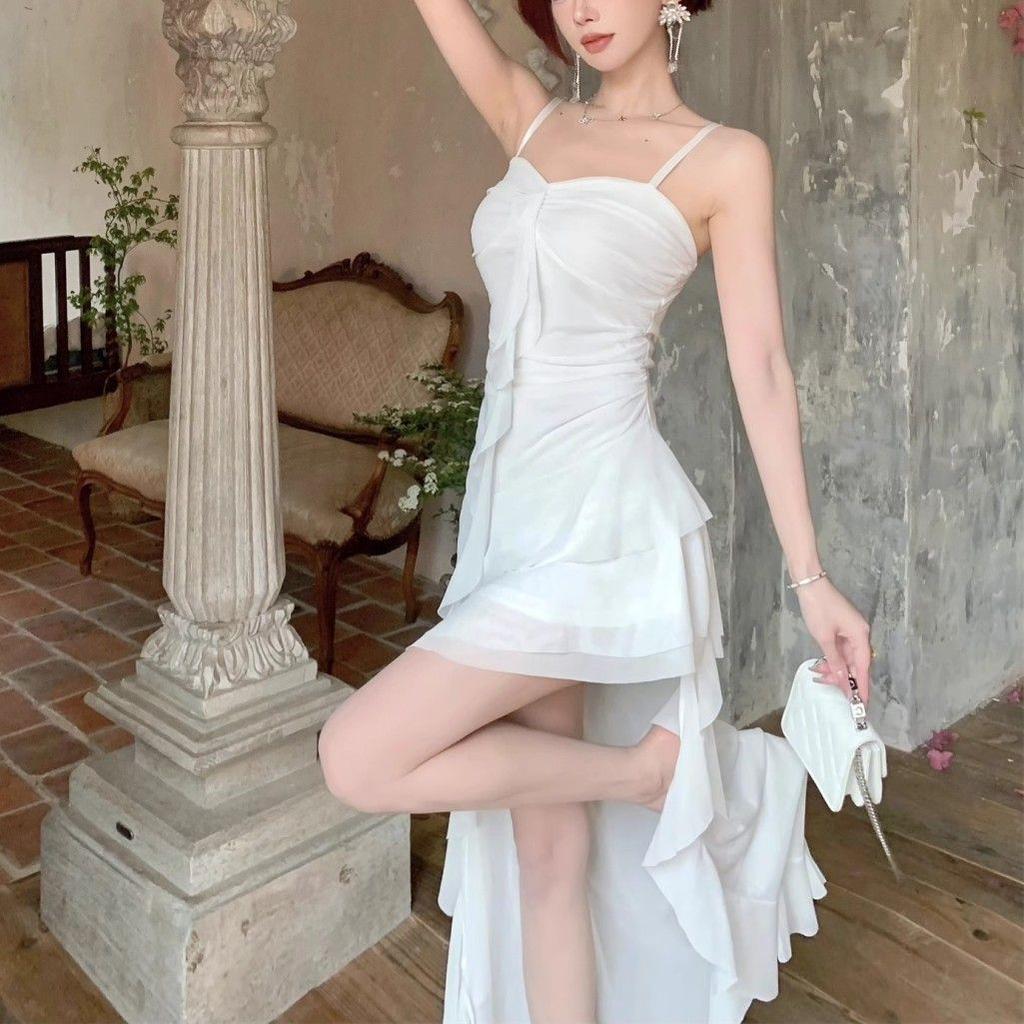 Sexy Spaghetti Strap Ruffle Irregular Bodycon Party Club Evening Dress Women Mesh Suspender Spring Summer Holiday Beach