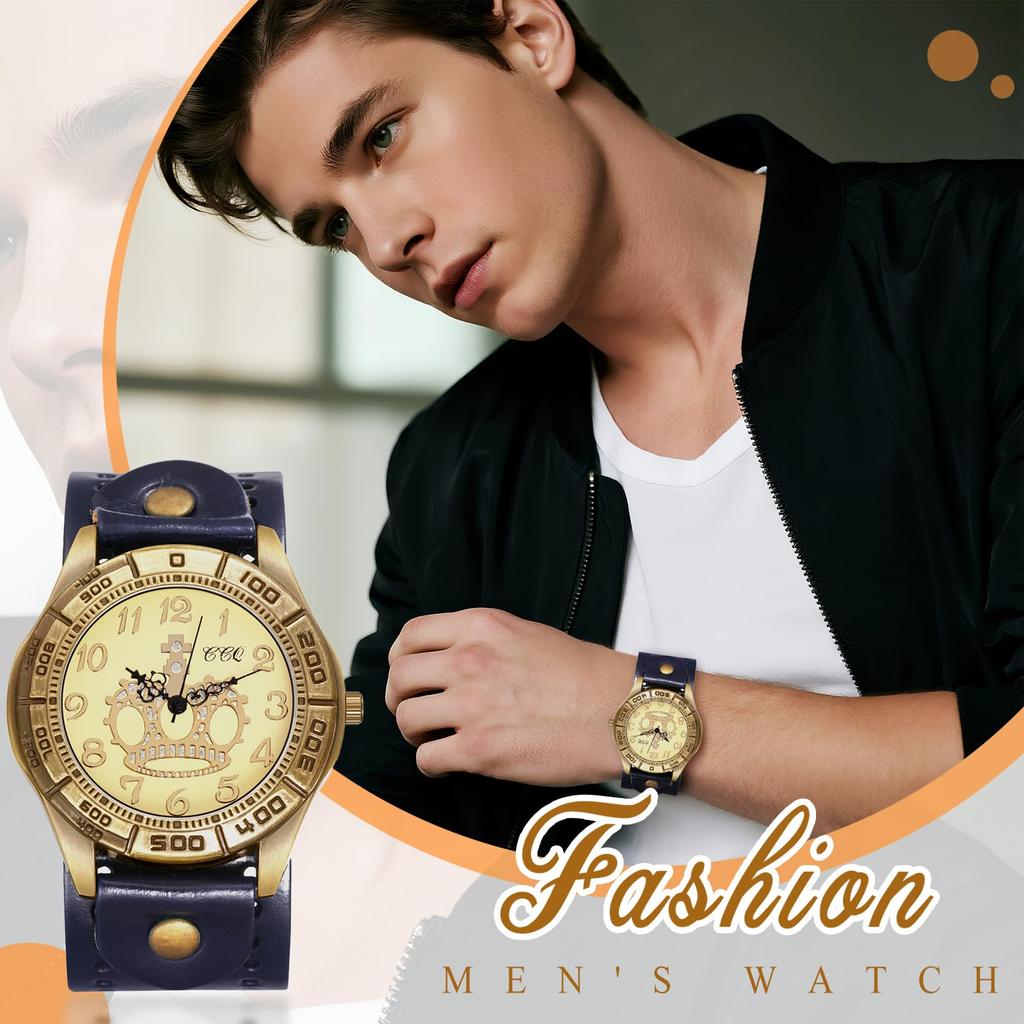 Unisex Punk Watch with Leather Waterproof Analog Display with Crown and Quartz Genuine Leather Motorcycle Fashion Watch Perfect Gift for and Day