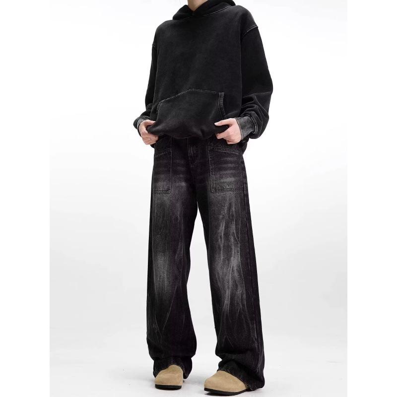 JYL Men's Straight Jeans European Trendy Black Washed High-Street Denim Pants
