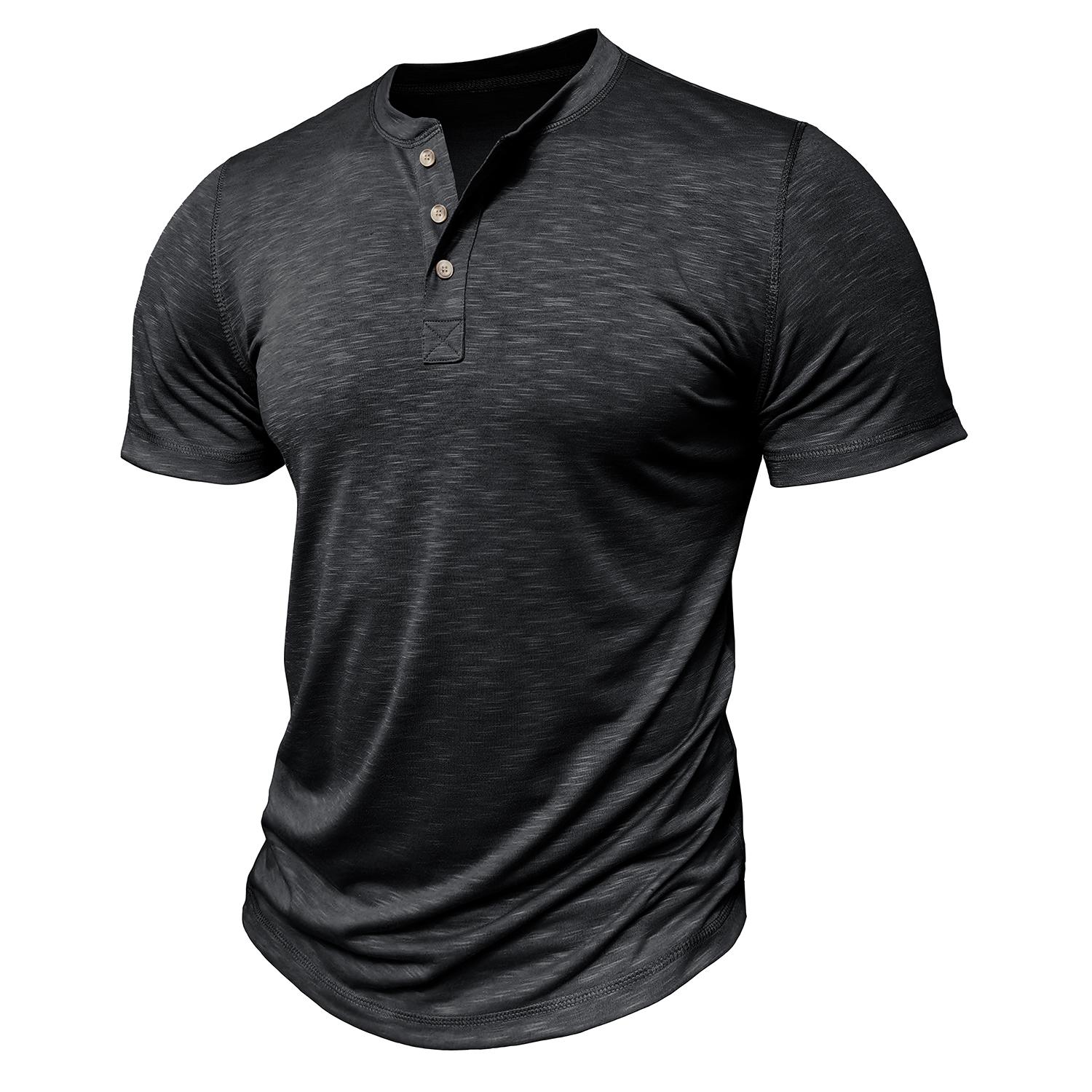 

Чоловічі футболки з короткими рукавами, круглим вирізом, ґудзиками, футболка на хенлі, літо, приталені, повсякденні, чоловічі, повсякденні, святкові речі L чорний