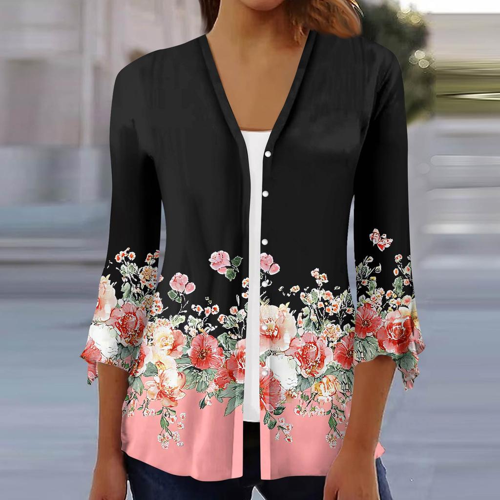 Women's Fashion Loose Casual Printed Seven-Part Sleeve Button Down Blouse Cardigan Top