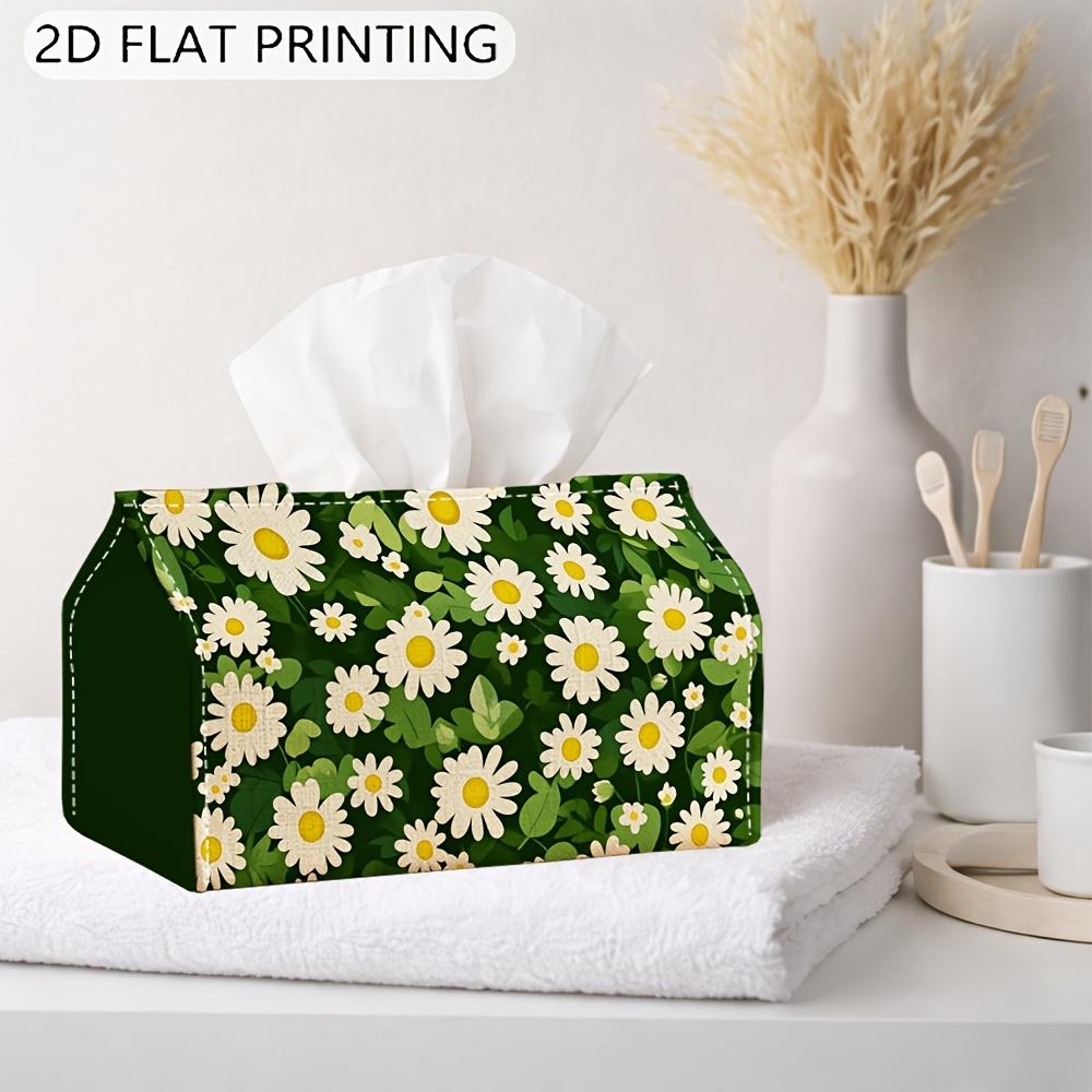 2D Flat, 1 Vintage Tissue Box, Modern Minimalist Botanical Design - Repeating Green Daisy Flowers, Sturdy Polyester Material, Ideal for Kitchen, Livin