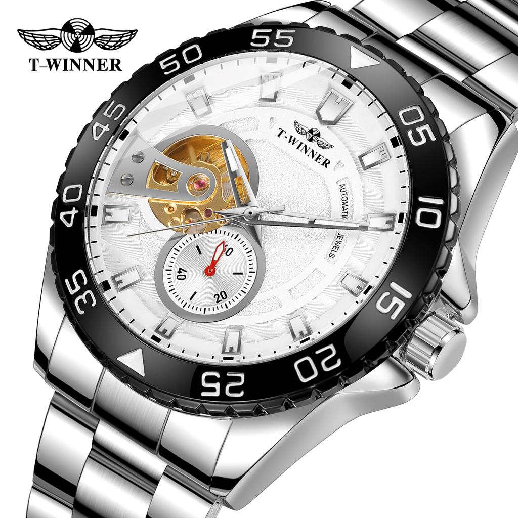 T-WINNER Neue Mode Wasserdichte Mechanische Herren-Automatik-Uhr mit Leuchtzeigern und Edelstahlarmband 3BAR Wasserdichtigkeit