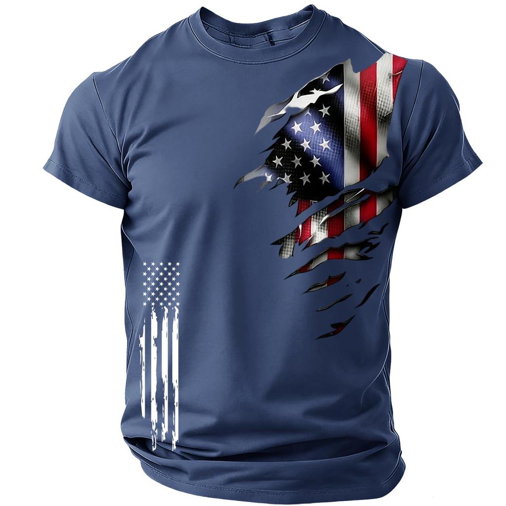 Men’s Short Sleeve Crew Neck T Shirt with Distressed Flag Print Casual Loose Fit Graphic Tee for Everyday Wear
