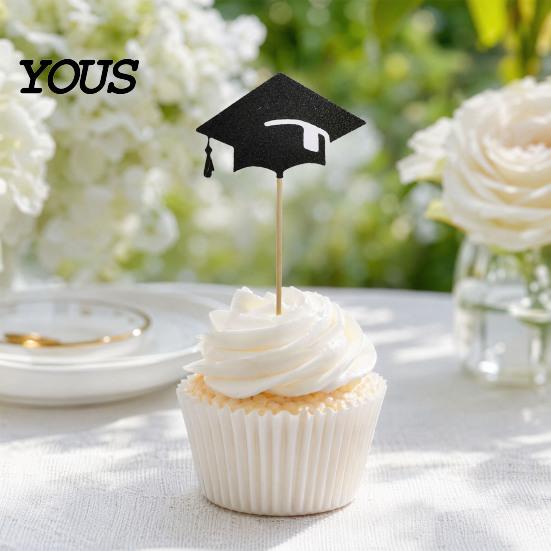 Holzspieß Kuchenstecker 6 Stück Abschluss-Topper, Mini-Abschlusskappe Cupcake Schwarzer Topper Glitzer Food Appetizer-Spieße für Klasse 2026 Partyzubehör