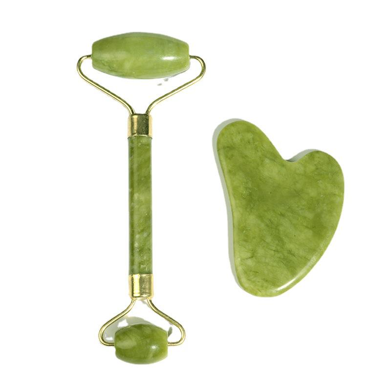 Natürliches Jade Gesichtsmassagegerät Set: Xiuyu Roller & Ochsenhorn Gua Sha Brett