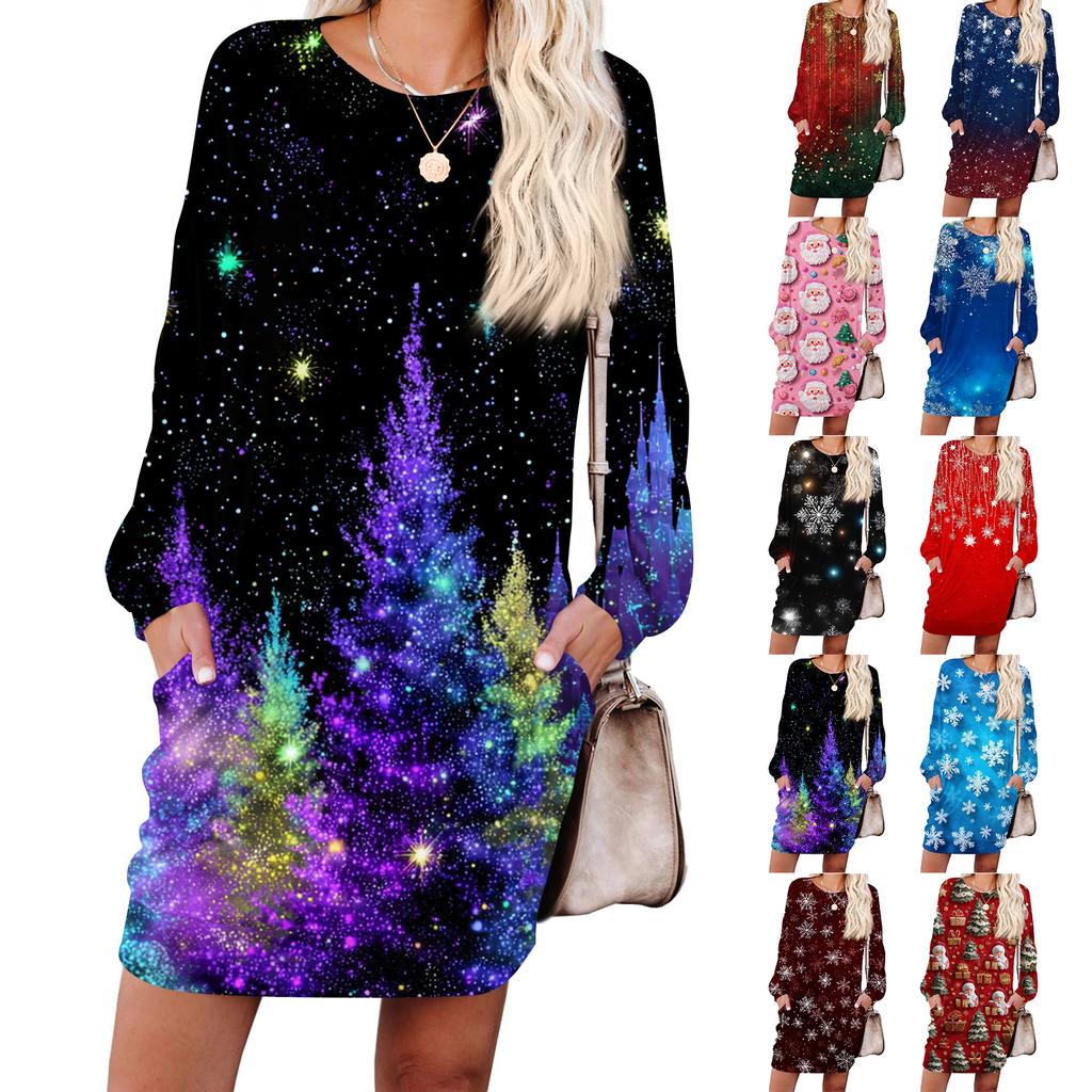 Women's Snowflake Print Fashionable Long-sleeved Round-neck Pocket Dress