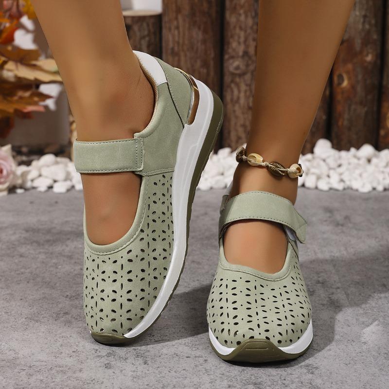 Women's Summer Breathable Hollow Lightweight Sports Slip-On Shoes With Velcro Strap, Wedge Sole, Available In Large Sizes.