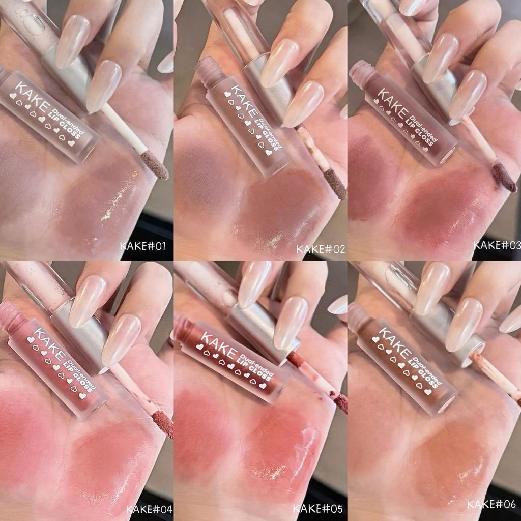 KAKE Double-Ended Lip Gloss: Matte Lip Mud, Watery Lip Glaze, Low Saturation Nude for Students.