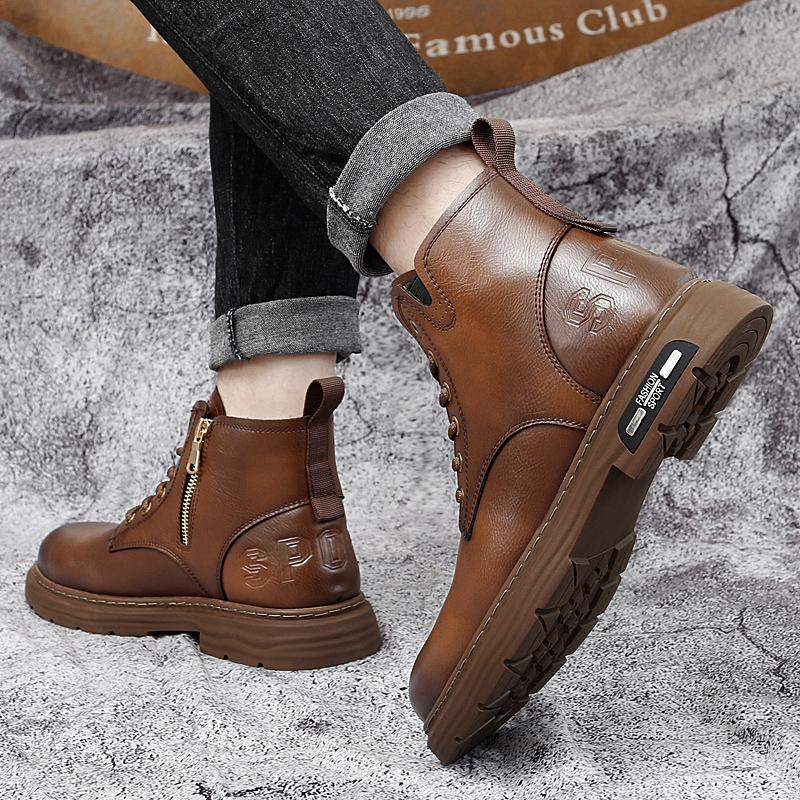 FashionGenuine Leather Mens Shoes lace up High-top Fashion Shoes Comfortable Motorcycle Boots Street Style Male Casual Ankle Boots