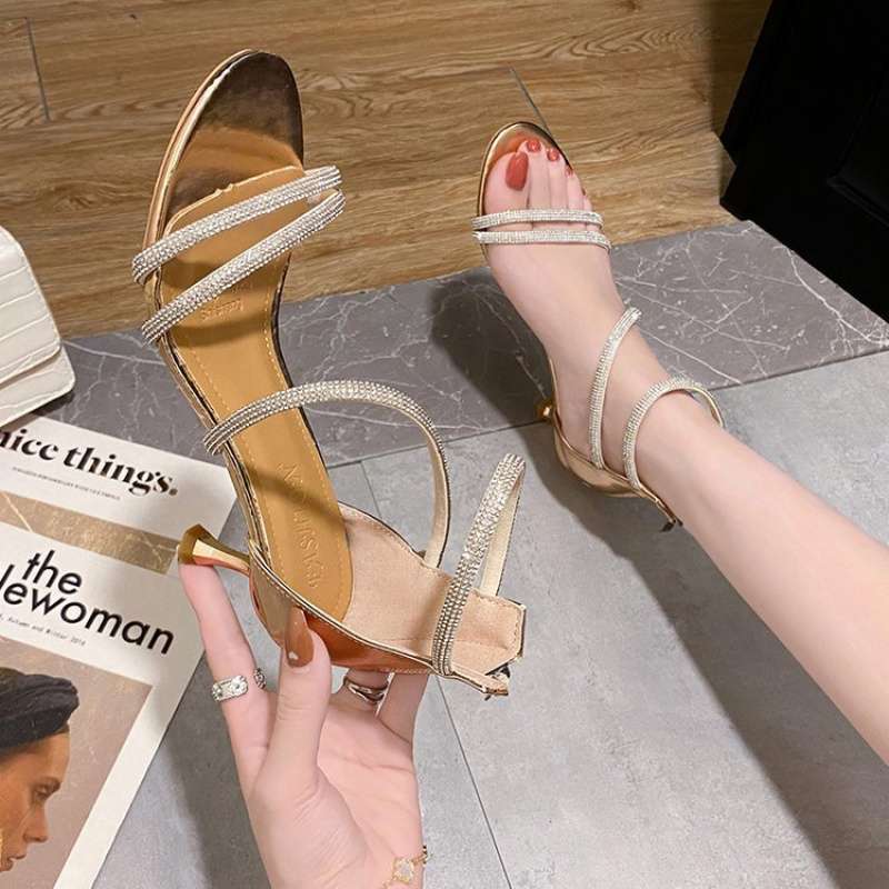 2025 new high-heeled sandals women's summer fashion outer wear leopard print word with rhinestone open-toed Roman sandals women's fine heels