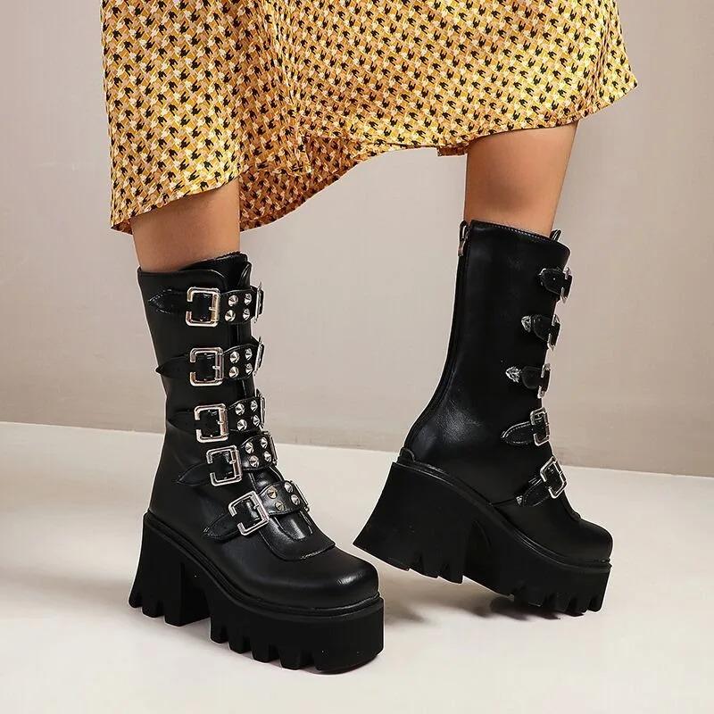 Fashion Women's Gothic Boots Punk Style Motorcycle Boot Luxury Mid-calf Leather Booties High-heel Platform Boots Halloween Cosplay Boots