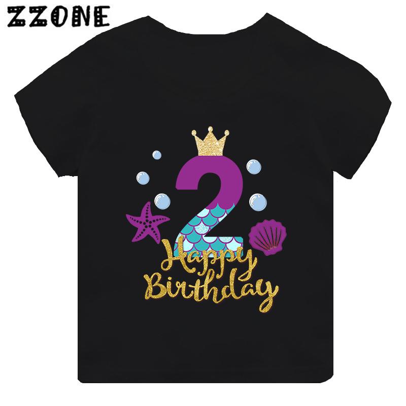 Cute Mermaid Princess Print Girls Clothes 1 2 3 4 5 6 7 8 9 Years Happy Birthday Kids Short Sleeve T Shirt Baby Boys TShirts