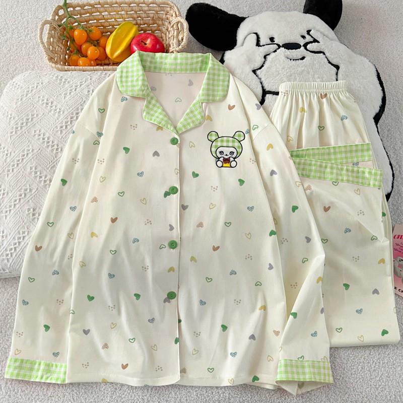 Cute Embroidered Cartoon Pajama Set Women Fall Full Print Heart Long Sleeve Loungewear