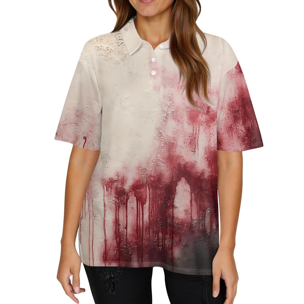 Women's Fashion Casual Lapel Short Sleeve Halloween Print Shirt Women's Button Up Tops