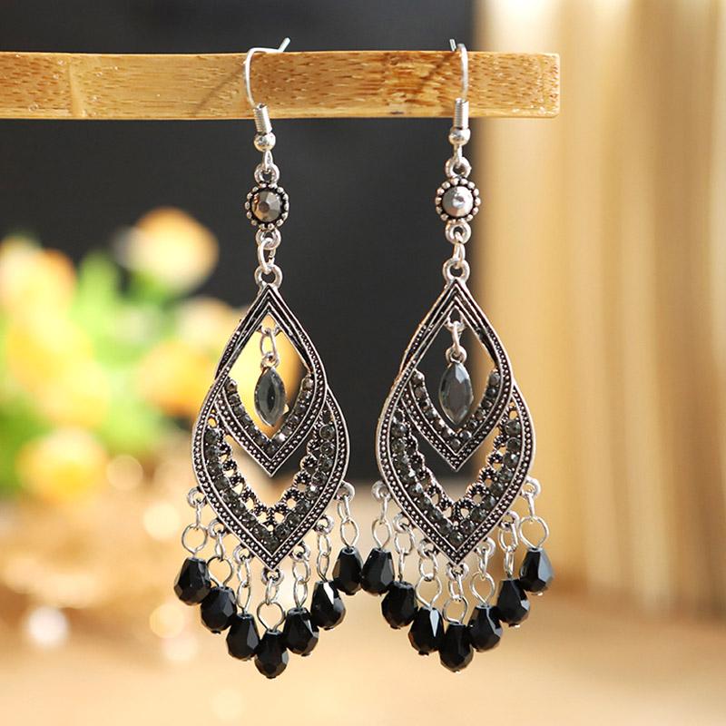 Vintage Chinese Style Crystal Bead Tassel Earrings for Women Long Elegant Hollow Rhinestone Dangle Silver Color Earring Jewelry