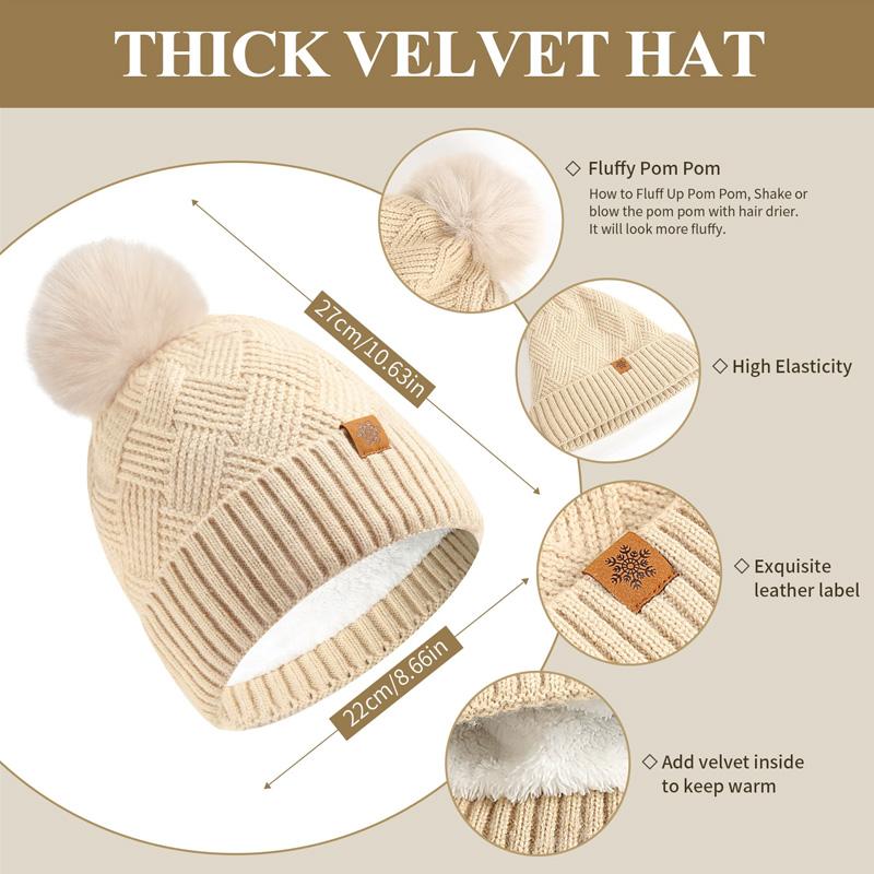 3pcs/set Hat Scarf For Women Gloves Set Outdoor Riding With Touch Screen Winter Pompom Hat Knit Beanie Fleece Lined