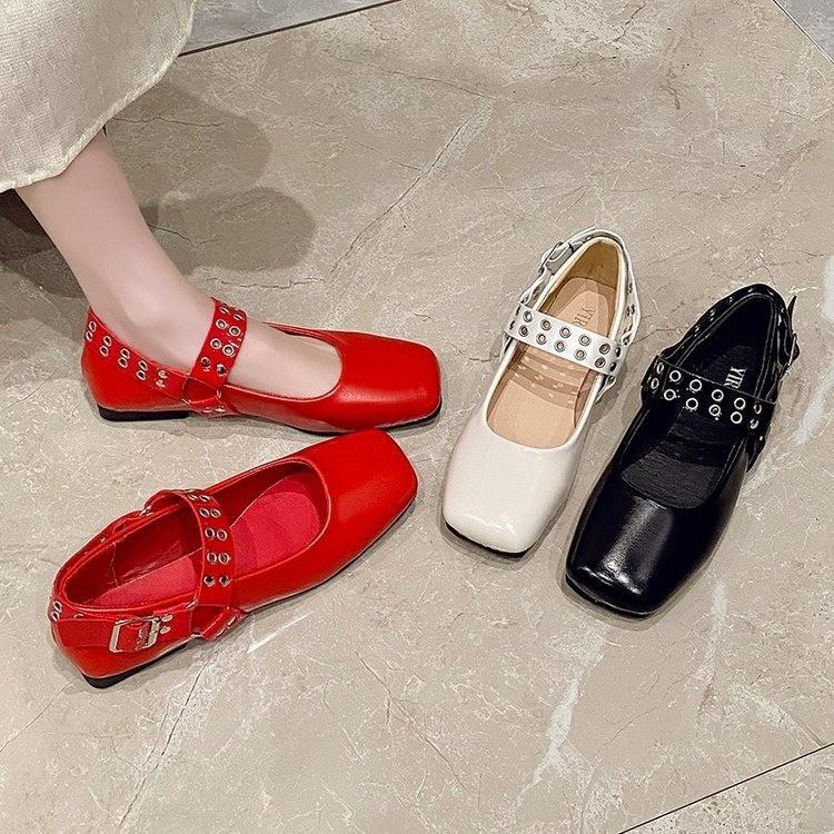 Haute couture version~ French square head shallow mouth Mary Jane shoes women's new metal buckle flat bottom retro one-word buckle small leather shoes
