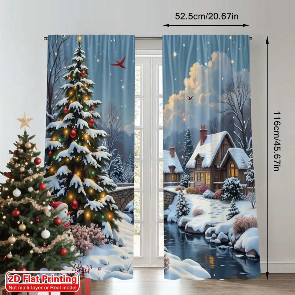 2pcs 2D Flat Printing Christmas Party Curtain Winter Village Snowing Night Snowy Polyester Without Electricity Party Decorations
