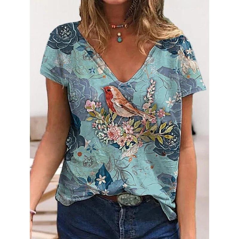 Sommer Damen Kurzarm T-Shirt Schmetterling V-Ausschnitt 3D Druck Freizeit Oberteil Mehrere Stile und Größen zur Auswahl