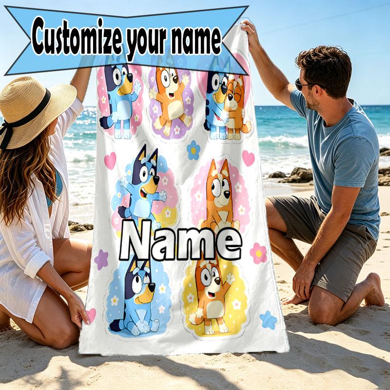 Custom Name Personalized Bluey Print Beach Towel, for Trip Camping Beach Party Home Decor, Birthday Gift for Family & Friends