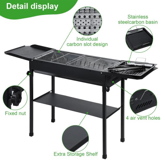Langer Grill Holzkohle Großer BBQ Grill Klappbare Seitenablage Camping Grill für Garten Hinterhof Party Picknick Kochen (47.28x25.61x25.61 Zoll)