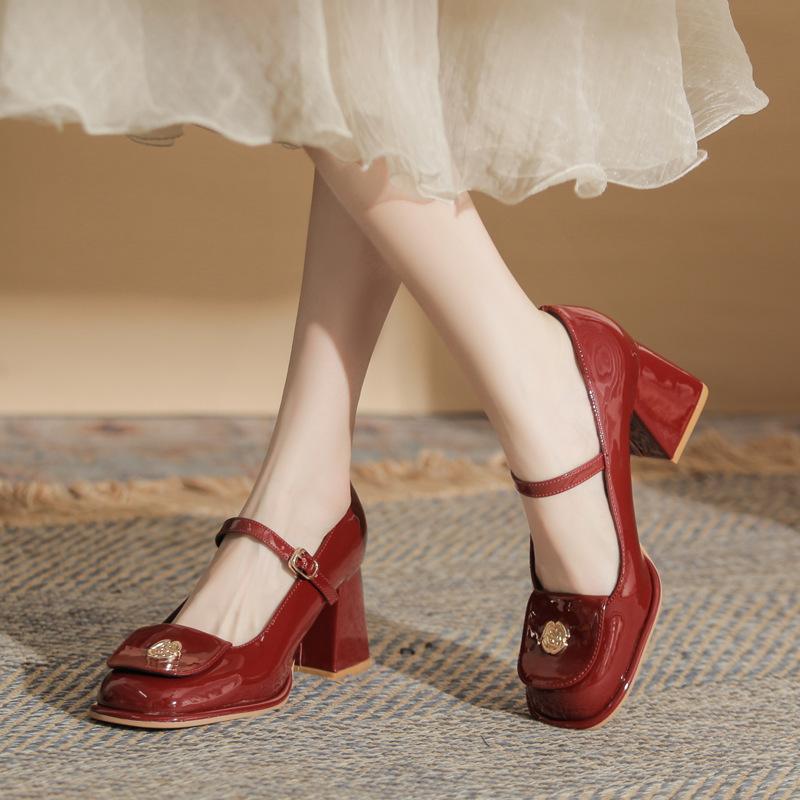 High heels female Mary Jane small leather shoes female summer thick heel camellia red beige black Mary Jane single shoes female