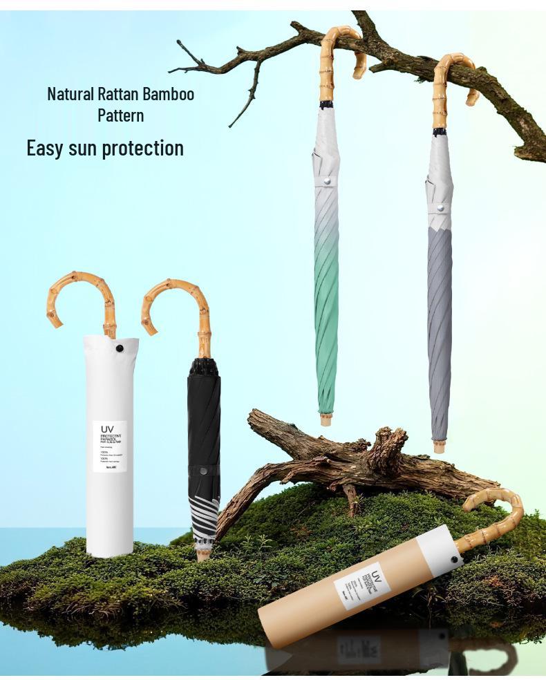 Bamboo Handle Two-Fold Umbrella - Lightweight Black UV Protection and Sunscreen Parasol