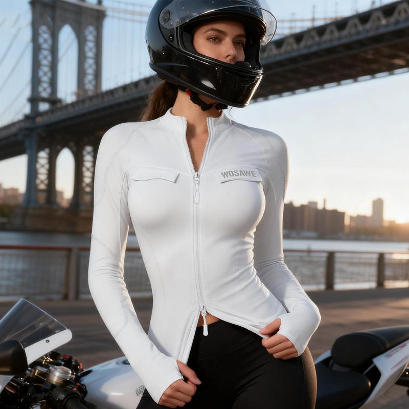 WOSAWE Women's Motorcycle Riding Jacket Long Sleeve Summer Breathable Stretch Shirt with Reflective Design YKK Two Way Zipper