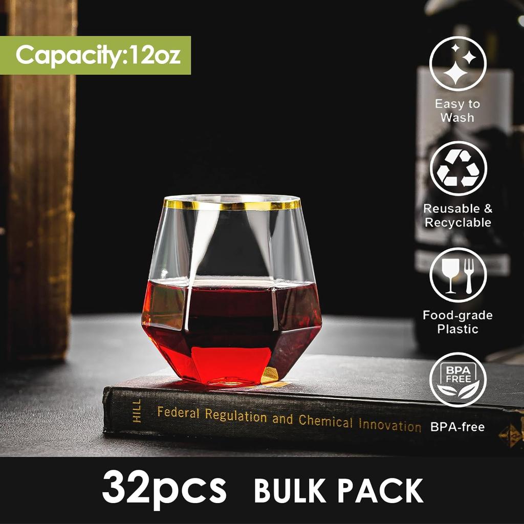 32 Pack Disposable Stemless Wine Glasses, 12 OZ Plastic Wine Cups, Gold Rim Unbreakable Diamond Wine Glasses, Whiskey Cocktail Glasses