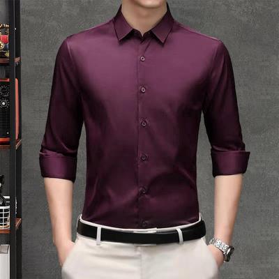 Men Fall Shirt Formal Business Shirt Solid Color Anti-wrinkle Lapel SIngle-breasted Long Sleeves Slim Fit Silky Breathable Men T