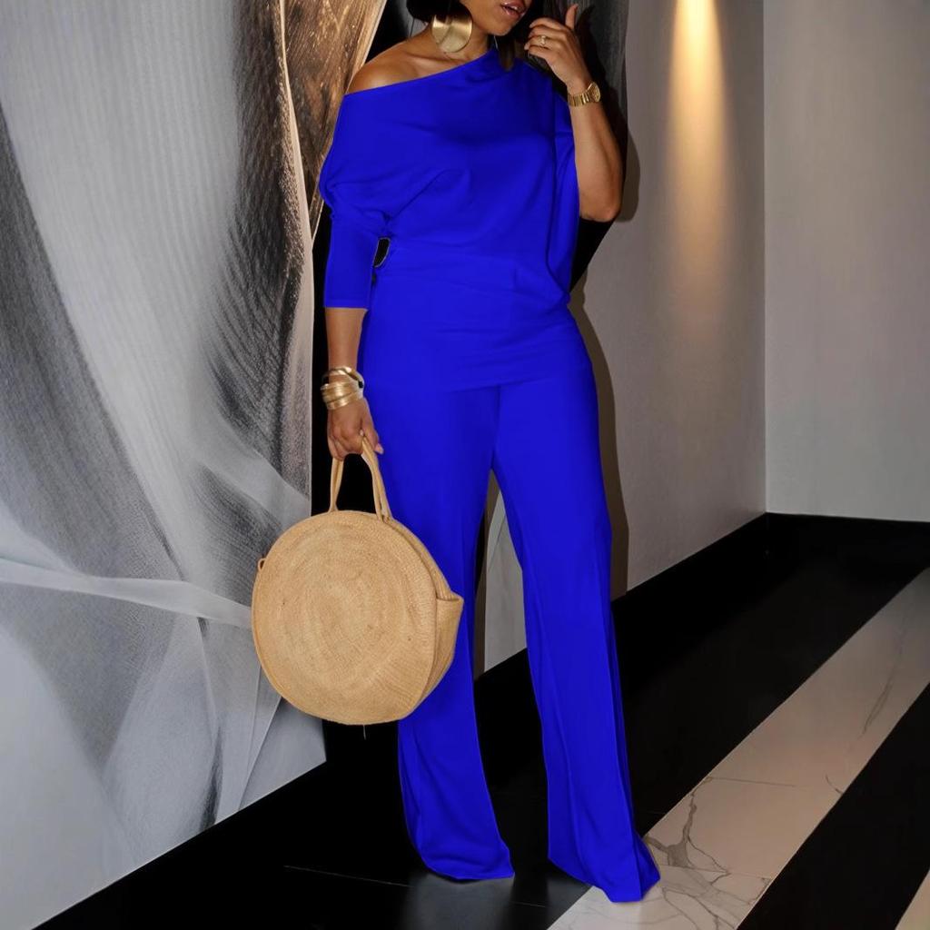 Women's Autumn Fashion Solid Slant Neck Top with Wide Leg Pants Set