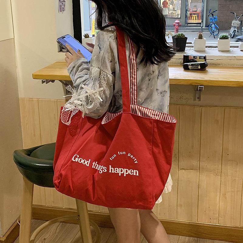 Large-capacity Tote Bag Striped Single-shoulder Bag Lettered College Student Canvas Bag Women's Commuting Bag