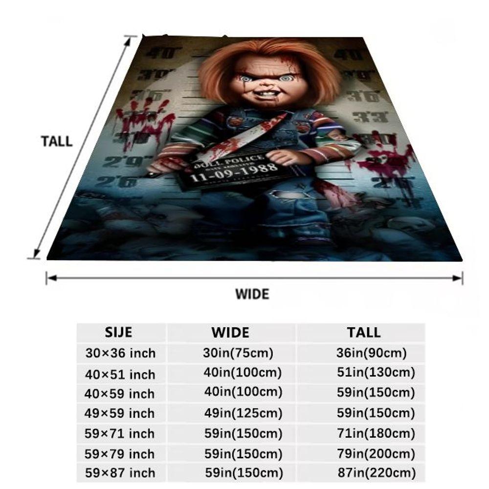 Chucky Horror Plush Blanket - Creepy Doll Inspired Blanket with Bloodstained Mugshot Design, Soft and Cozy Throw for Halloween D